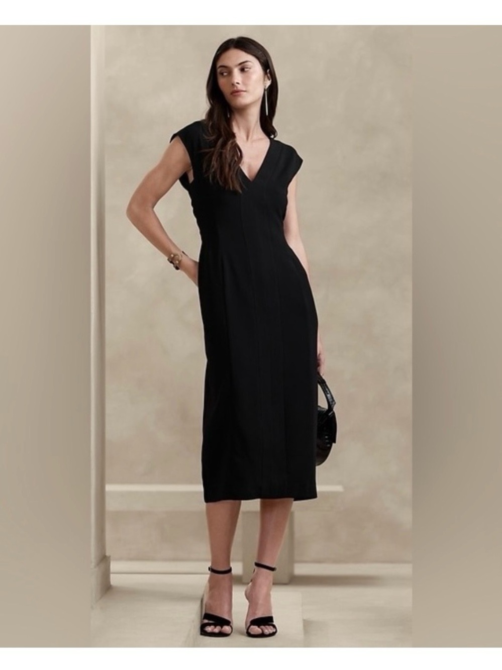 Banana Republic Laurana Crepe Black V-Neck Midi Sheath Dress